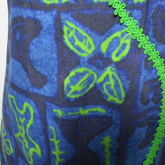 VTG 70s Hawaiian M L Tiki Polynesian Boho Retro Mod Luau Blue Maxi Hostess Dress - Picture 4 of 10